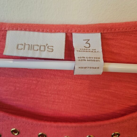 Chicos Coral Pink Grommet Detailed Long Sleeve Top Size 3 Cotton Modal Blend - Picture 4 of 5